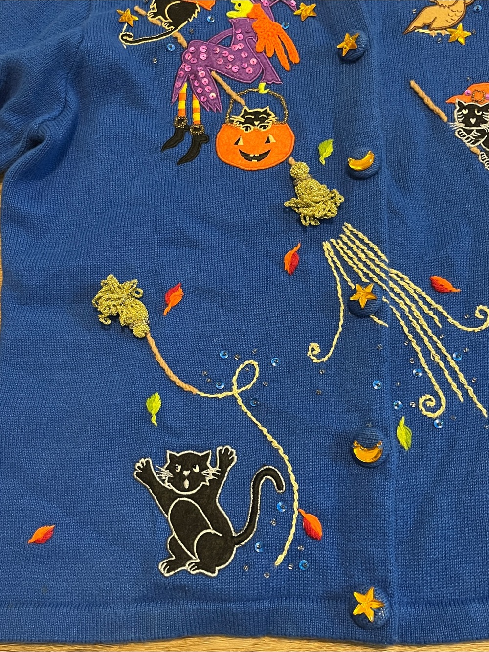 Jack B. Quick Halloween Witch Cat Pumpkin Cardigan Sweater Blue Size M Vintage - Picture 10 of 13